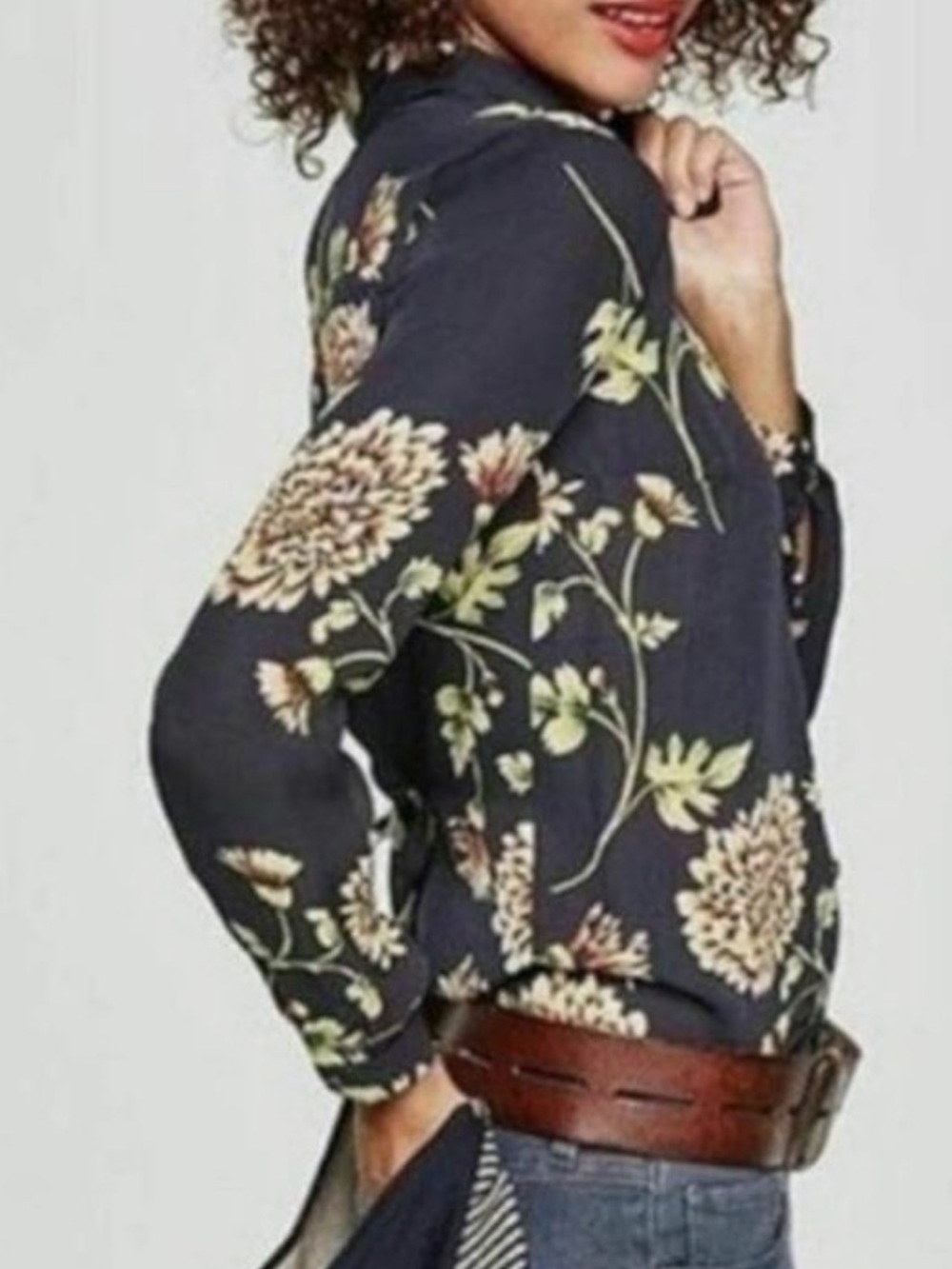 Cabi Navy blue Floral semi sheer daisy Blouse button down long sleeve XS